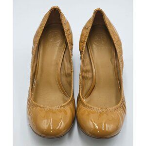 Tory Burch Women's Tan Patent Leather Eddie Wedge Heels Ballet Shoes Size 9 2553
